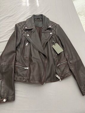 All Saints cargo leather biker jacket- oxblood